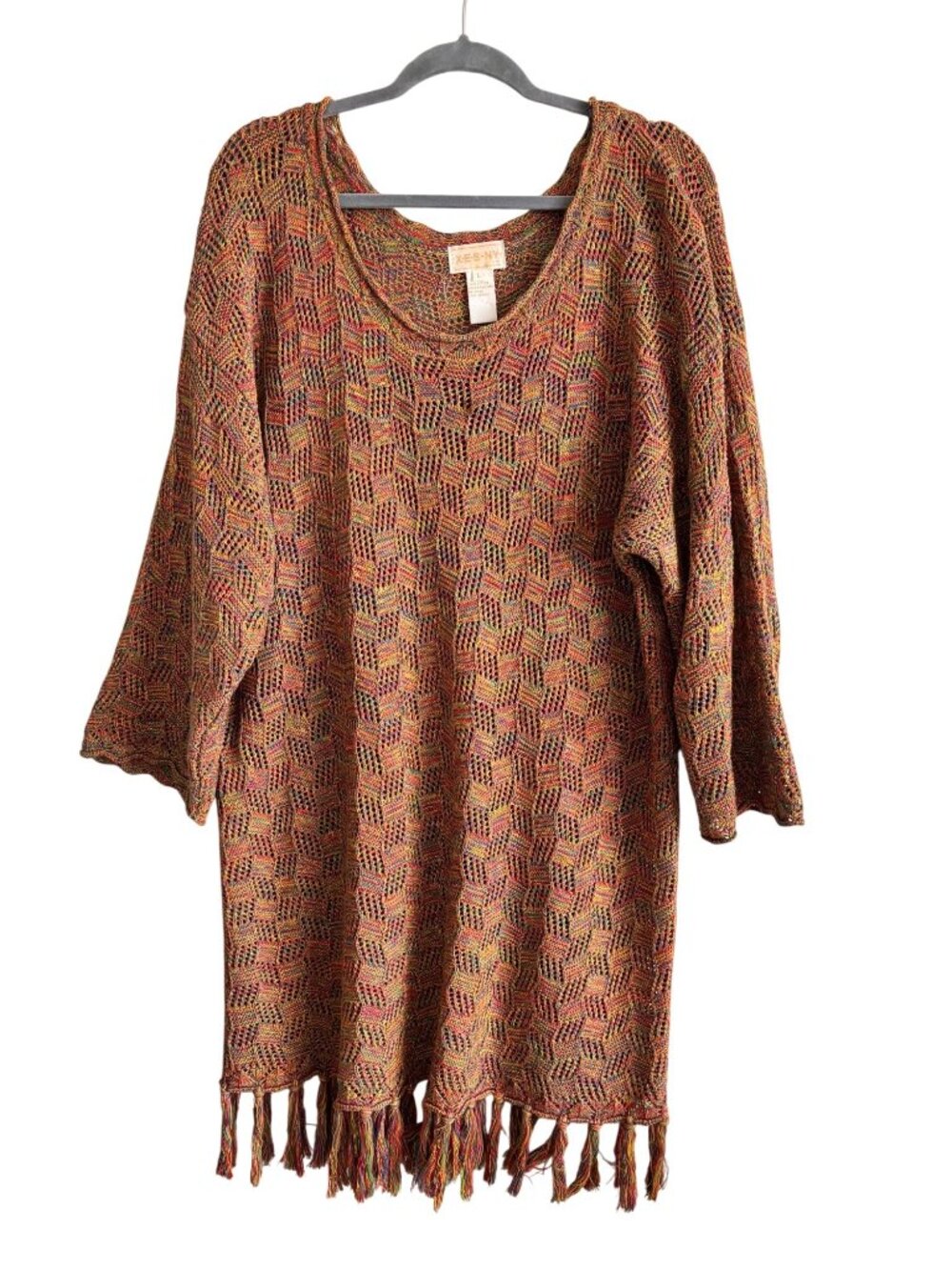 Vintage XES-NY Multicolor Crochet Knit Tunic Fringe Hem Large Retro Y2K Boho